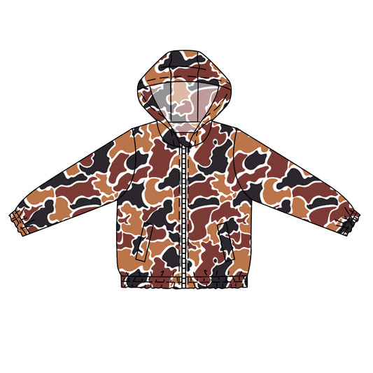 presale BT0794 Brown Camouflage Zip-Up Hooded Long Sleeve Top
