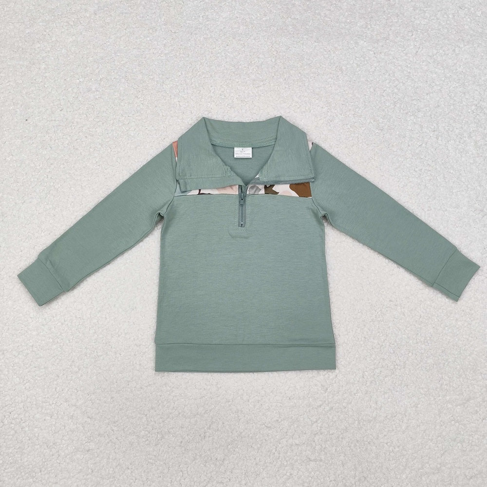 BT0796 Puppy Duck Camo Green Zip-Up Long Sleeve Top