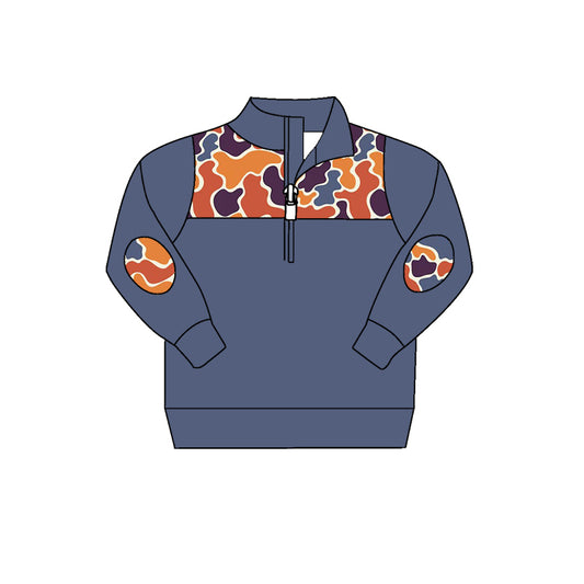 presale BT0798 Blue and Brown Camouflage Zipper Long Sleeve Top