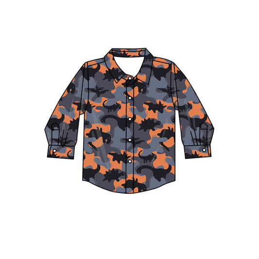presale BT0802 Dinosaur Blue and Orange Camouflage Button Long Sleeve Top
