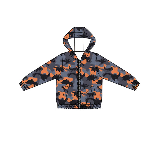 presale BT0803 Dinosaur Blue and Orange Camouflage Zip-Up Hooded Long Sleeve Top