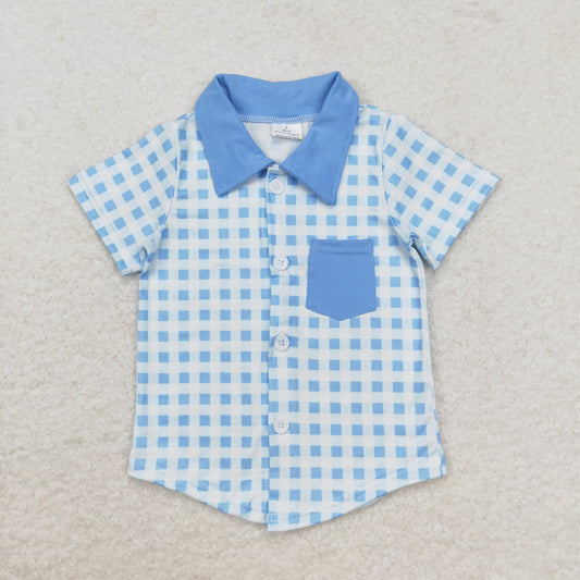 BT0806 Blue Pocket Plaid Short Sleeve Top