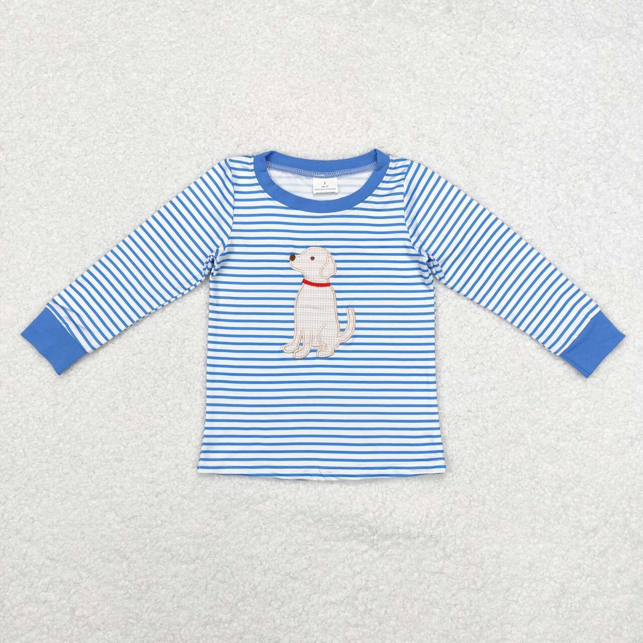 BT0808 Embroidered Puppy Stripe Blue and White Long Sleeve Top