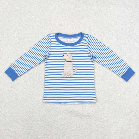 BT0808 Embroidered Puppy Stripe Blue and White Long Sleeve Top