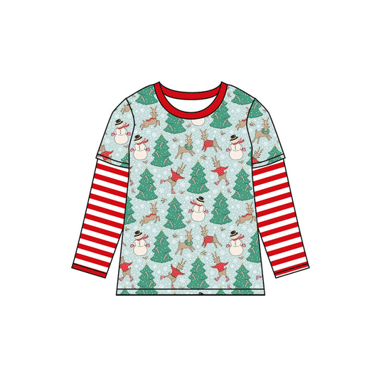 presale BT0841 Christmas Tree Snowman Reindeer Snowflake Red Striped Long Sleeve Top 2024 8.3