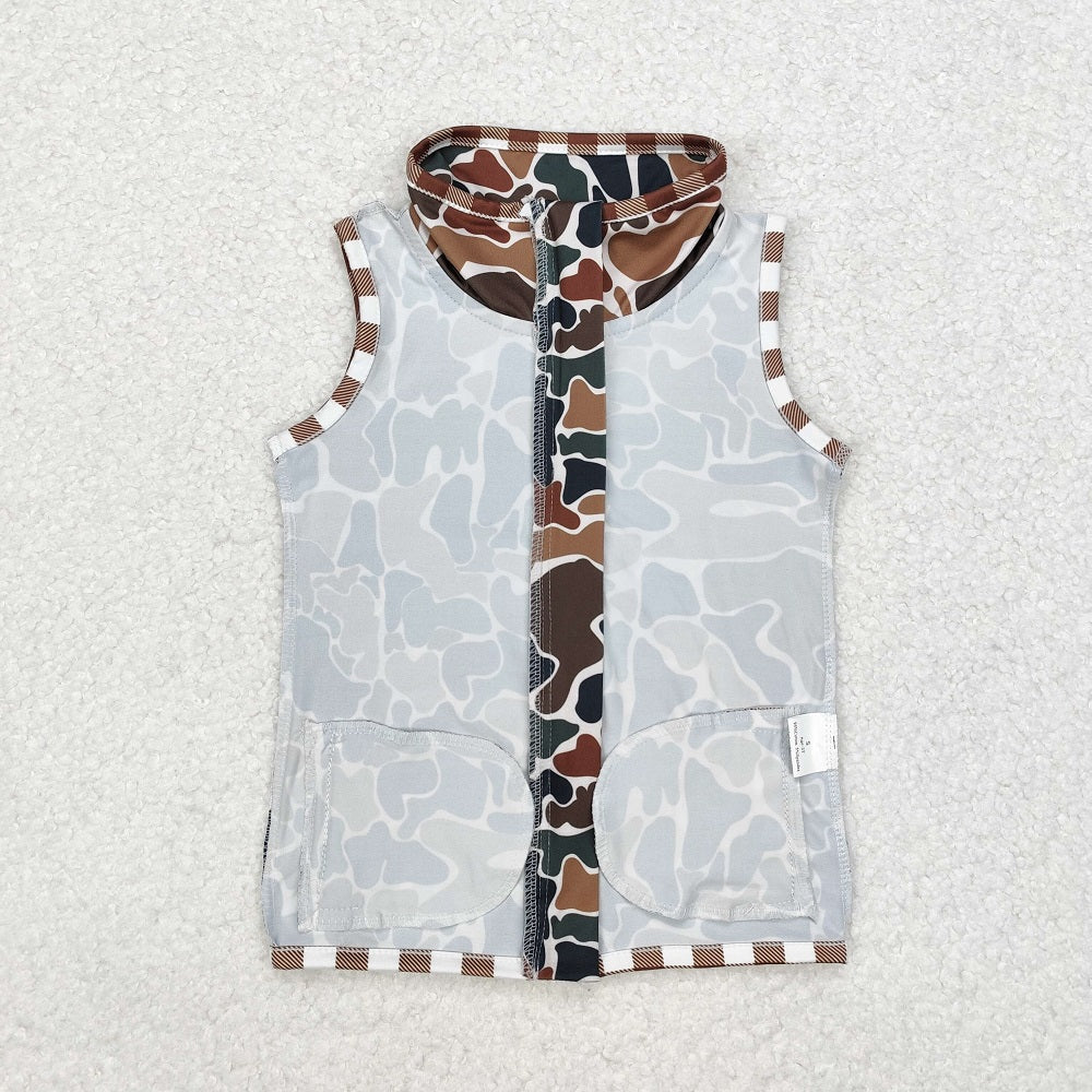 BT0856 Beige sleeveless zip-up vest with brown plaid trim camouflage
