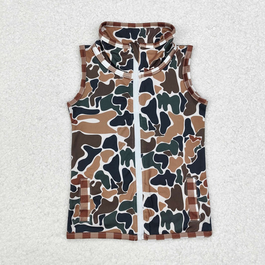 BT0856 Beige sleeveless zip-up vest with brown plaid trim camouflage