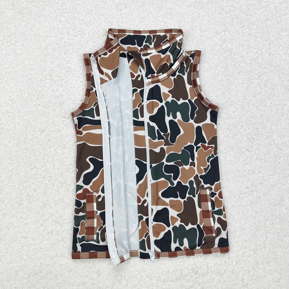 BT0856 Beige sleeveless zip-up vest with brown plaid trim camouflage
