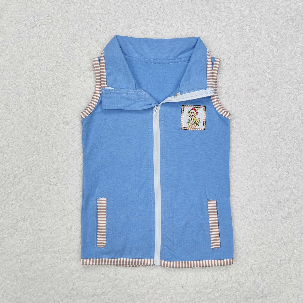 BT0860 Christmas Puppy Lights Blue Sleeveless Zip-Up Vest