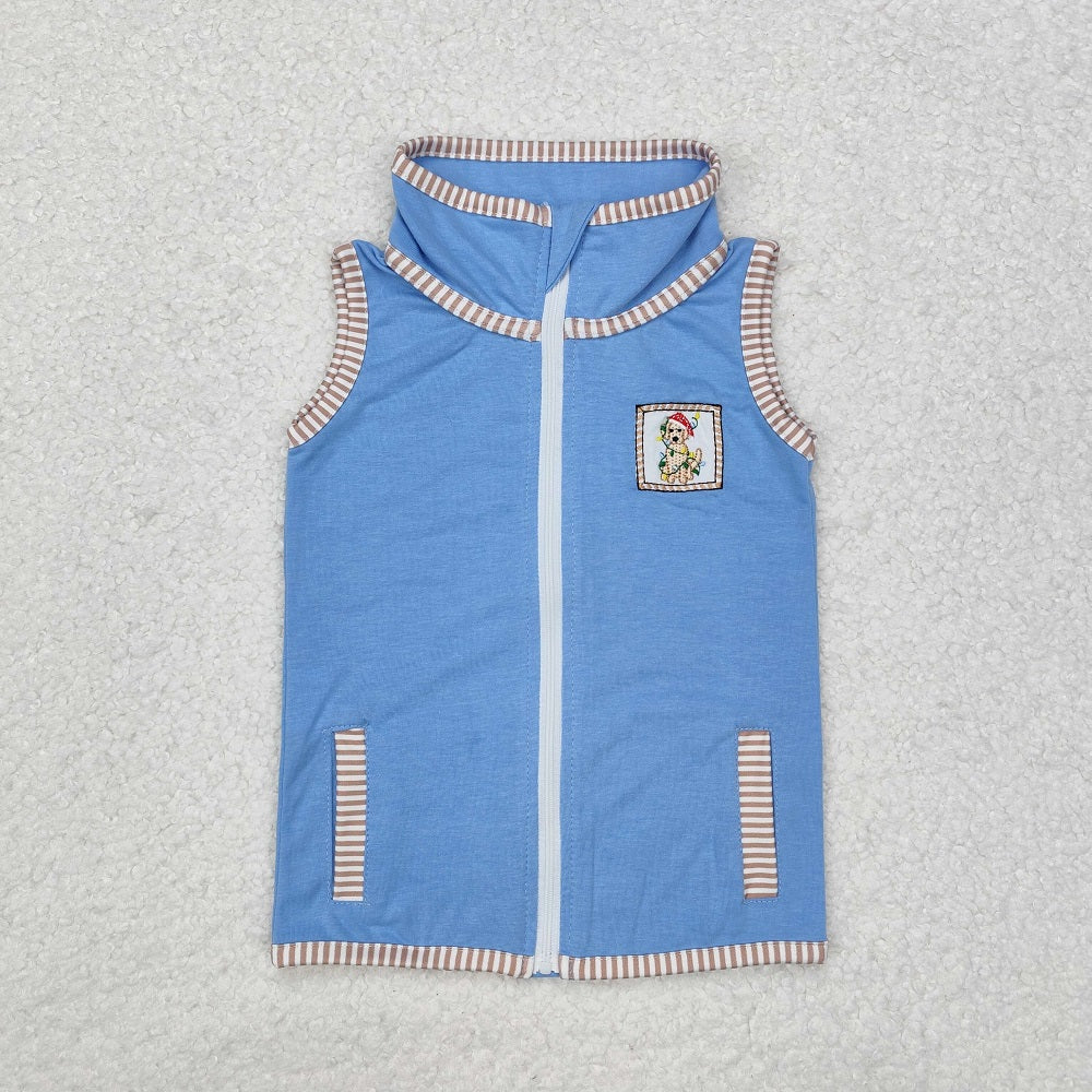 BT0860 Christmas Puppy Lights Blue Sleeveless Zip-Up Vest