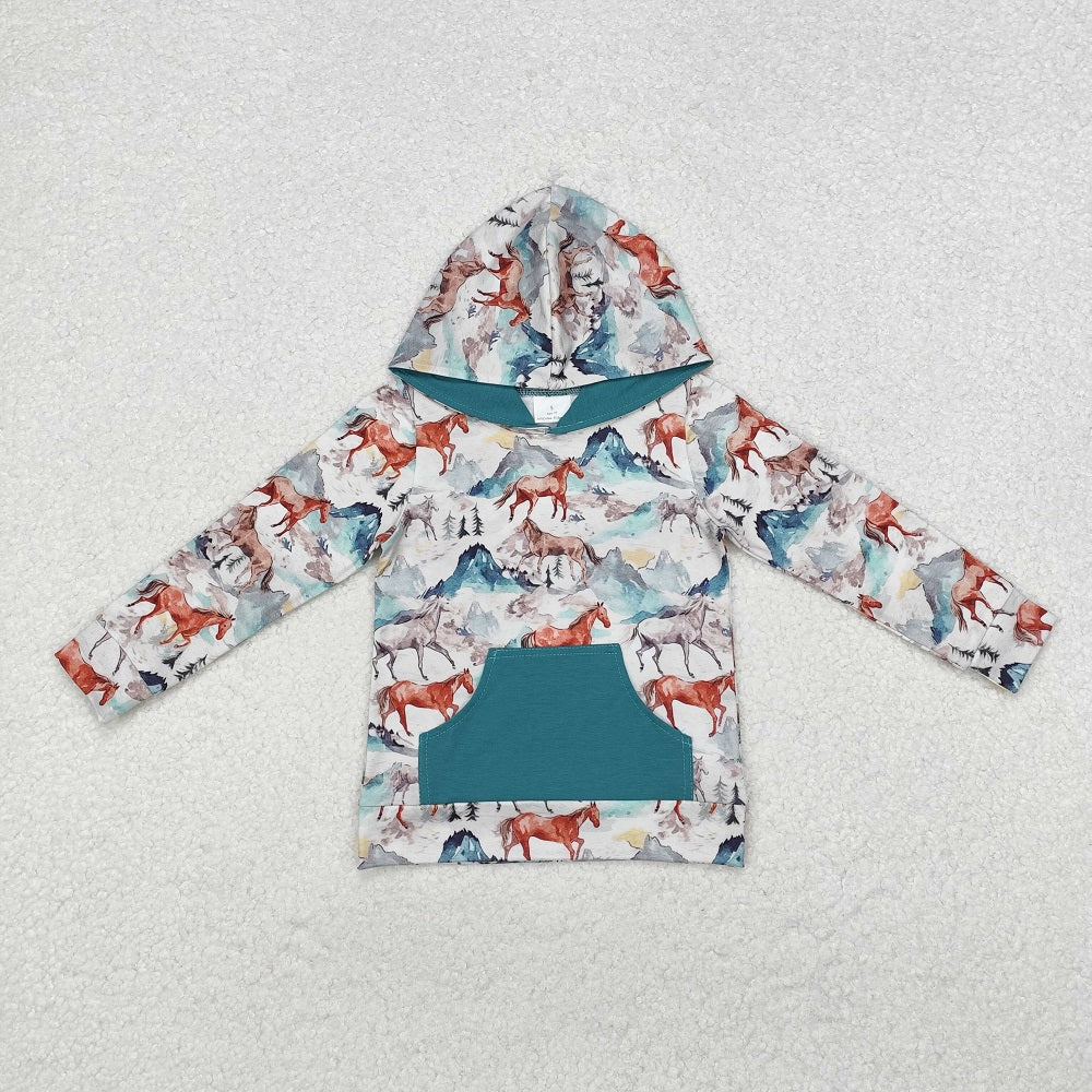 BT0868  Baby Boys Western Horse Hooded Long Sleeve Tops