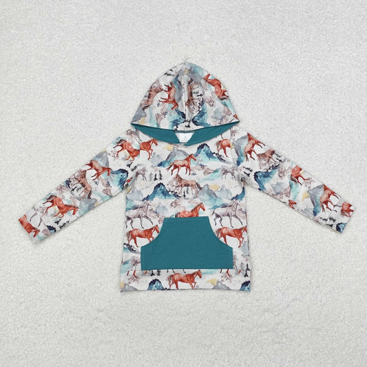 BT0868  Baby Boys Western Horse Hooded Long Sleeve Tops