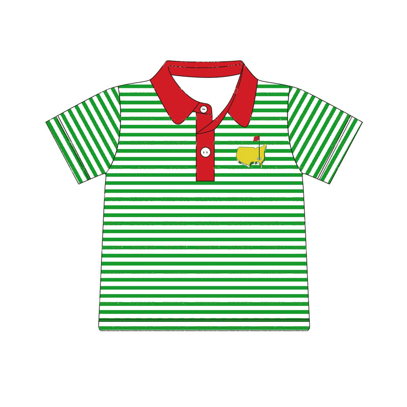 BT0890  Red Flag Map Golf Course Green Striped Short Sleeve Top