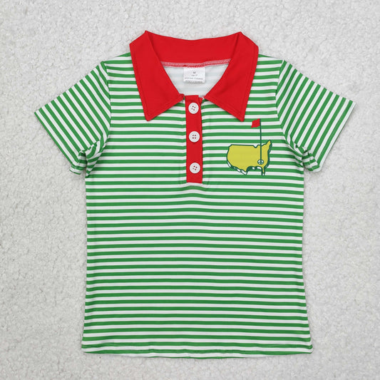 BT0890  Red Flag Map Golf Course Green Striped Short Sleeve Top