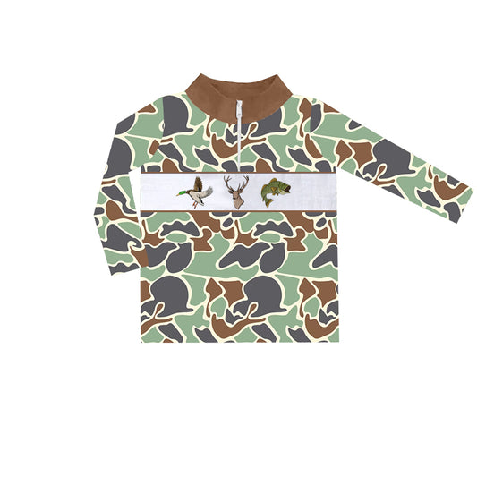 presale BT0902 Duck Elk Fish Camouflage Brown Green Zipper Long Sleeve Top  2024 9.7