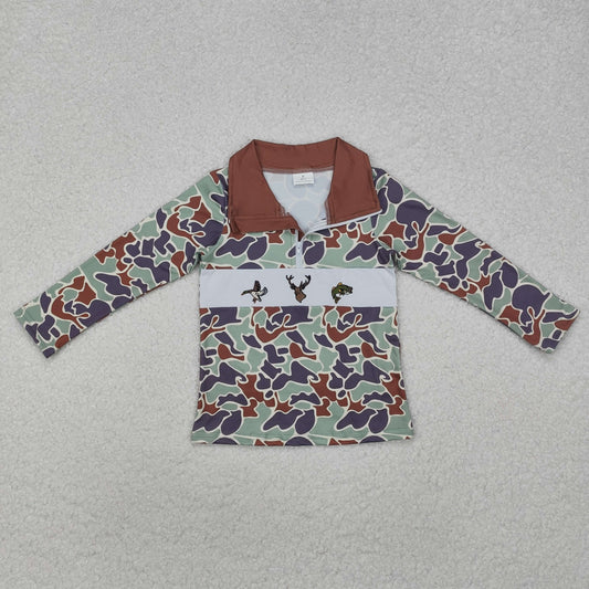 BT0902 Duck Elk Fish Camouflage Brown Green Zipper Long Sleeve Top