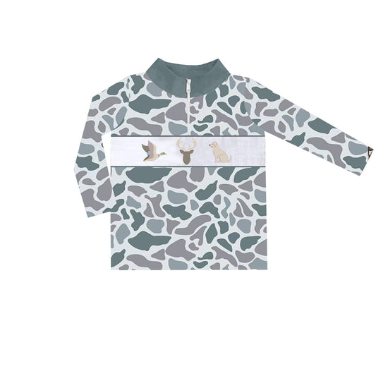 presale BT0904 Duck Elk Puppy Camo Gray Blue Zipper Long Sleeve Top  2024 9.7