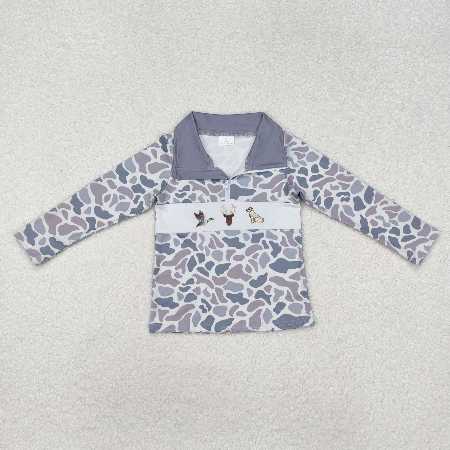 BT0904 Duck Elk Puppy Camo Gray Blue Zipper Long Sleeve Top