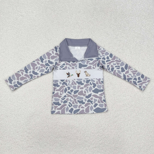 BT0904 Duck Elk Puppy Camo Gray Blue Zipper Long Sleeve Top