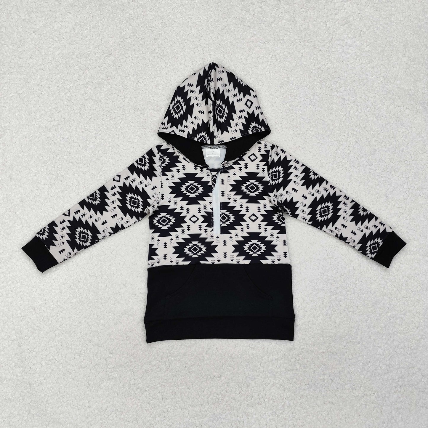 BT0907 Geometric black zipper pocket hooded long sleeve top