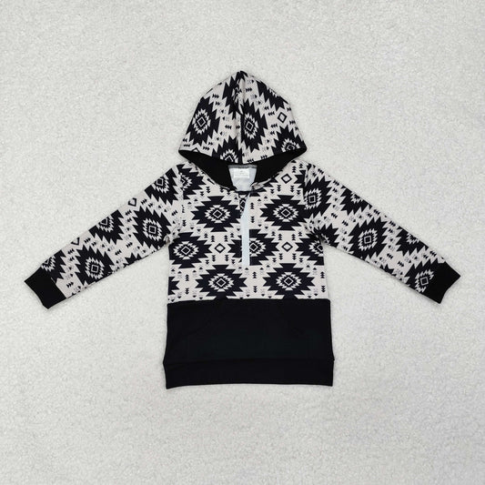 BT0907 Geometric black zipper pocket hooded long sleeve top