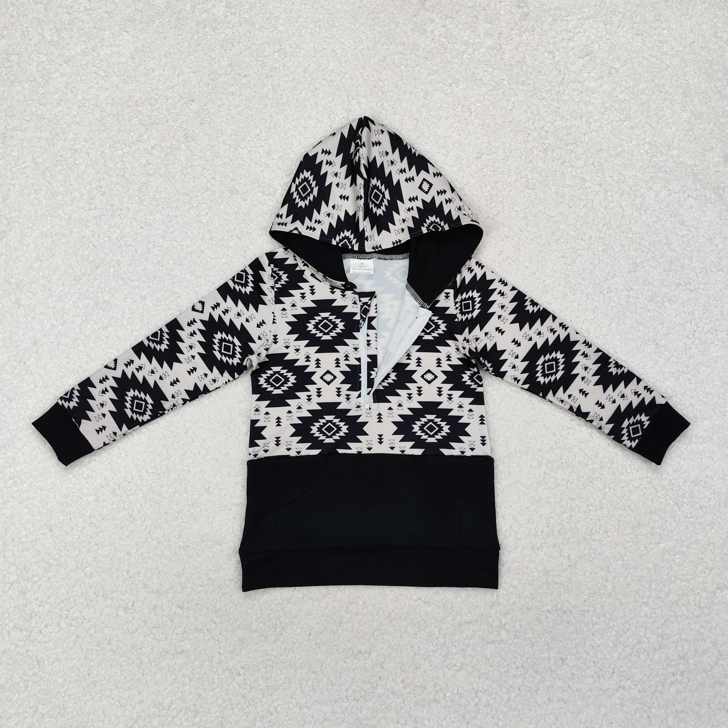 BT0907 Geometric black zipper pocket hooded long sleeve top