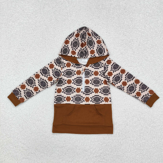 BT0908  Brown Geometric Zipper Pocket Hooded Long Sleeve Top
