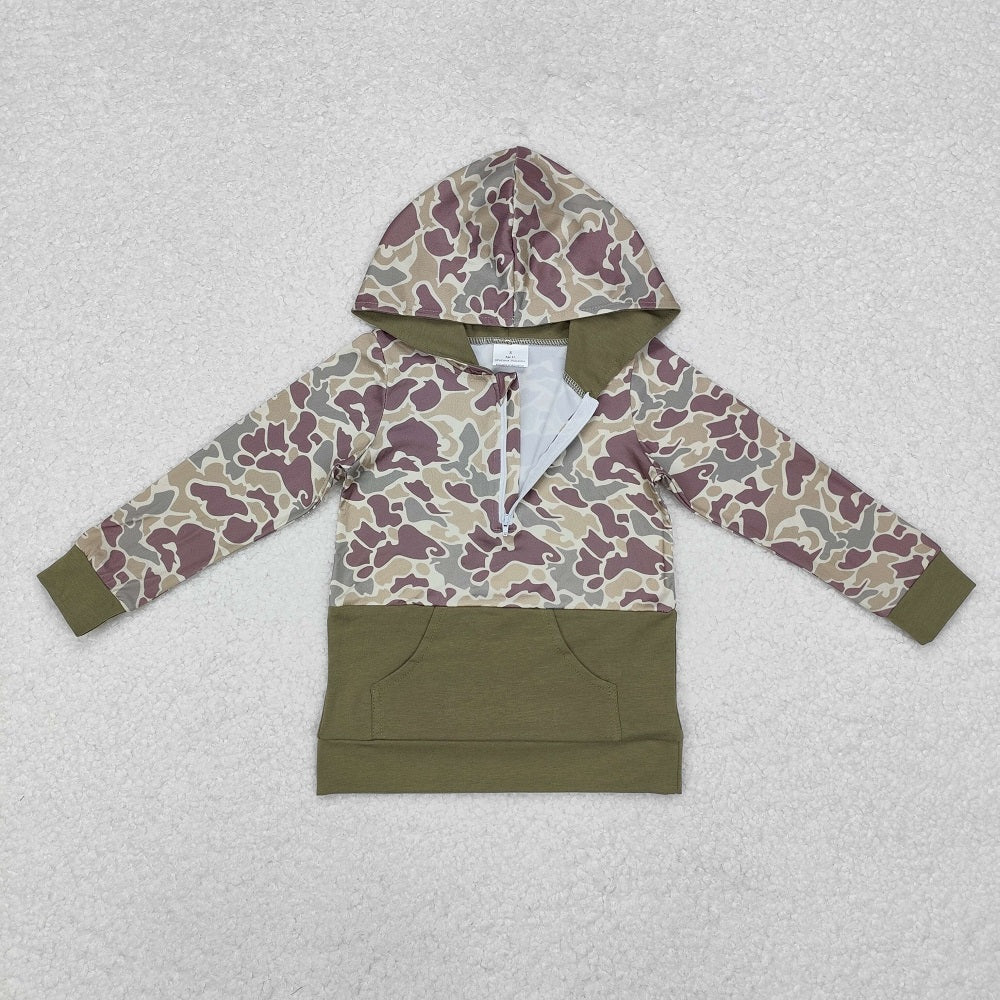 BT0913  Camouflage Zipper Pocket Hooded Long Sleeve Top