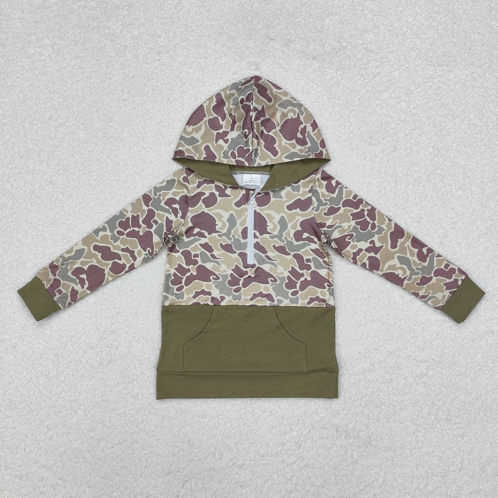 BT0913  Camouflage Zipper Pocket Hooded Long Sleeve Top