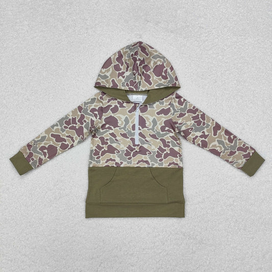 BT0913  Camouflage Zipper Pocket Hooded Long Sleeve Top