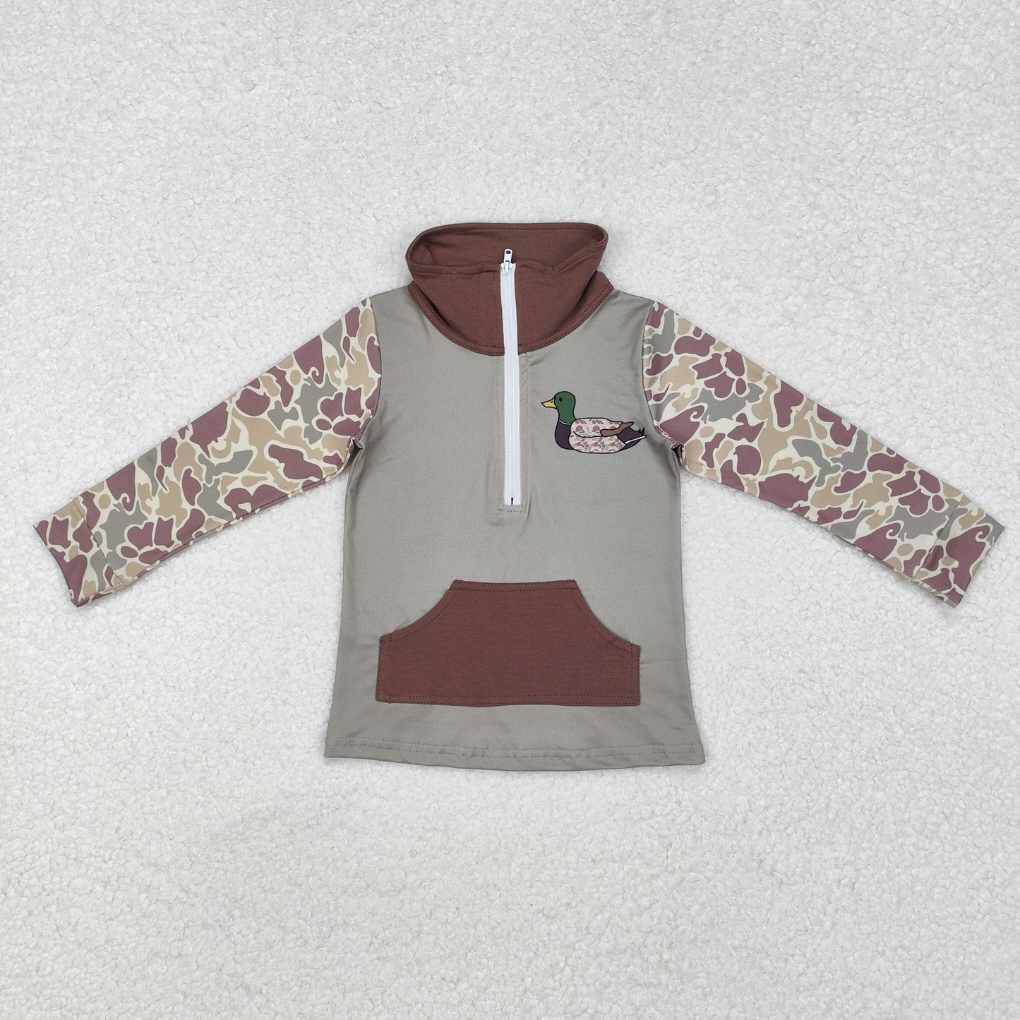 BT0926 Brown Green Camouflage Duck Pocket Zipper Long Sleeve Top D 820