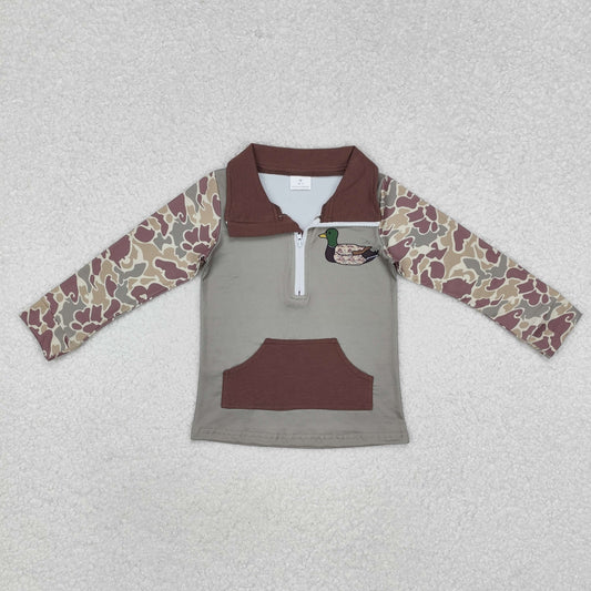 BT0926 Brown Green Camouflage Duck Pocket Zipper Long Sleeve Top D 820