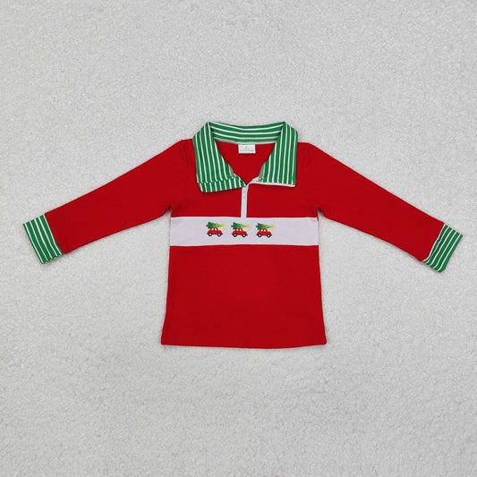 BT0930 Christmas Tree Car Green Stripe Green Collar Red Zipper Long Sleeve Top