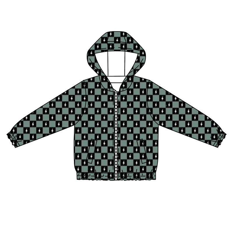 presale BT0940  Lightning Black Green Plaid Zip-Up Hooded Long Sleeve Top 2024 9.16