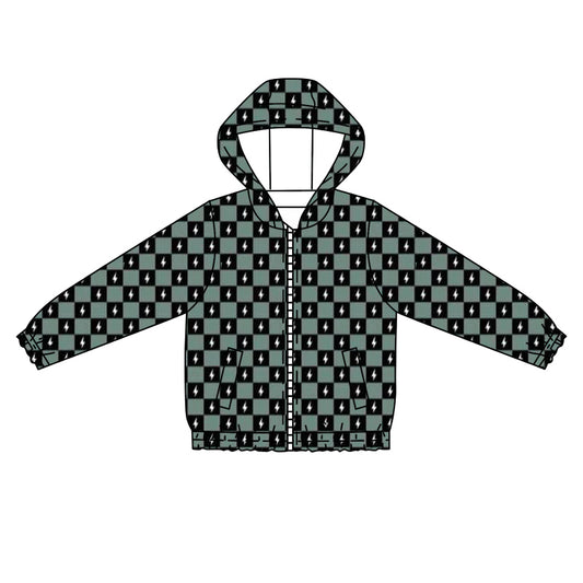 presale BT0940  Lightning Black Green Plaid Zip-Up Hooded Long Sleeve Top 2024 9.16