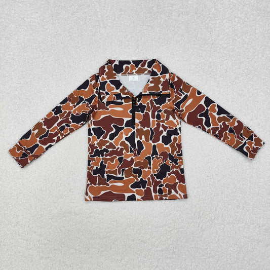 BT0956  Yellow and Brown Camouflage Zipper Long Sleeve Top D 820