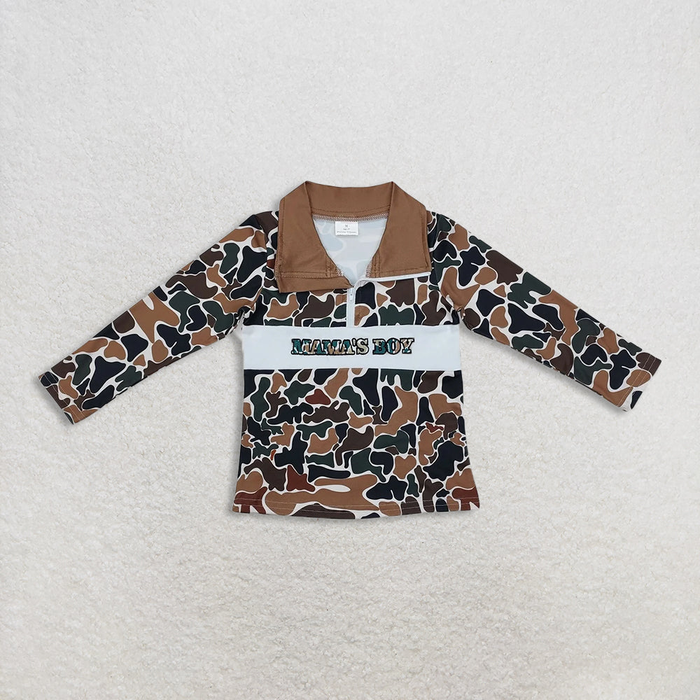 Sibling Baby Boys Embroidery Mama's Boy Brown Camo Pockets Pants Clothes Sets Top Hoodie Romper  D 1206