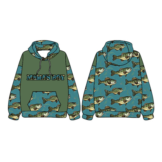 presale  BT1025  mama's boy fish pocket teal hooded long sleeve top 2024 9.28