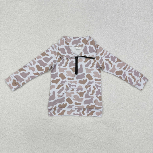 BT1040  Pocket Camouflage Gray Brown Zipper Long Sleeve Top