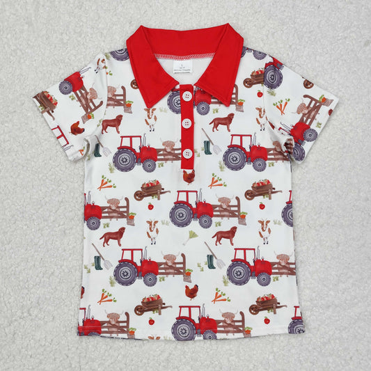 BT1043 Farm Animals Tractor Red and White Button Short Sleeve Top