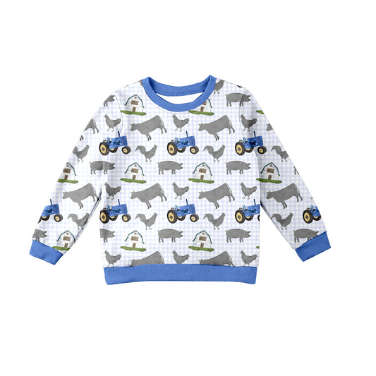 preorder BT1057 Farm Animals Tractor Plaid Blue Long Sleeve Top 2024 10.17