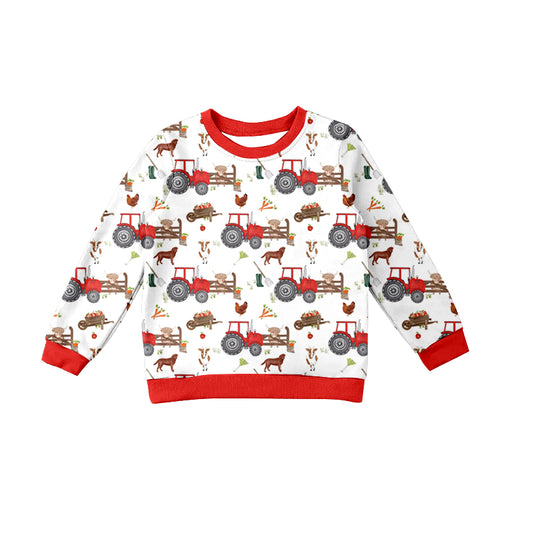 preorder BT1058 Farm Animals Red Tractor White Long Sleeve Top   2024 10.17