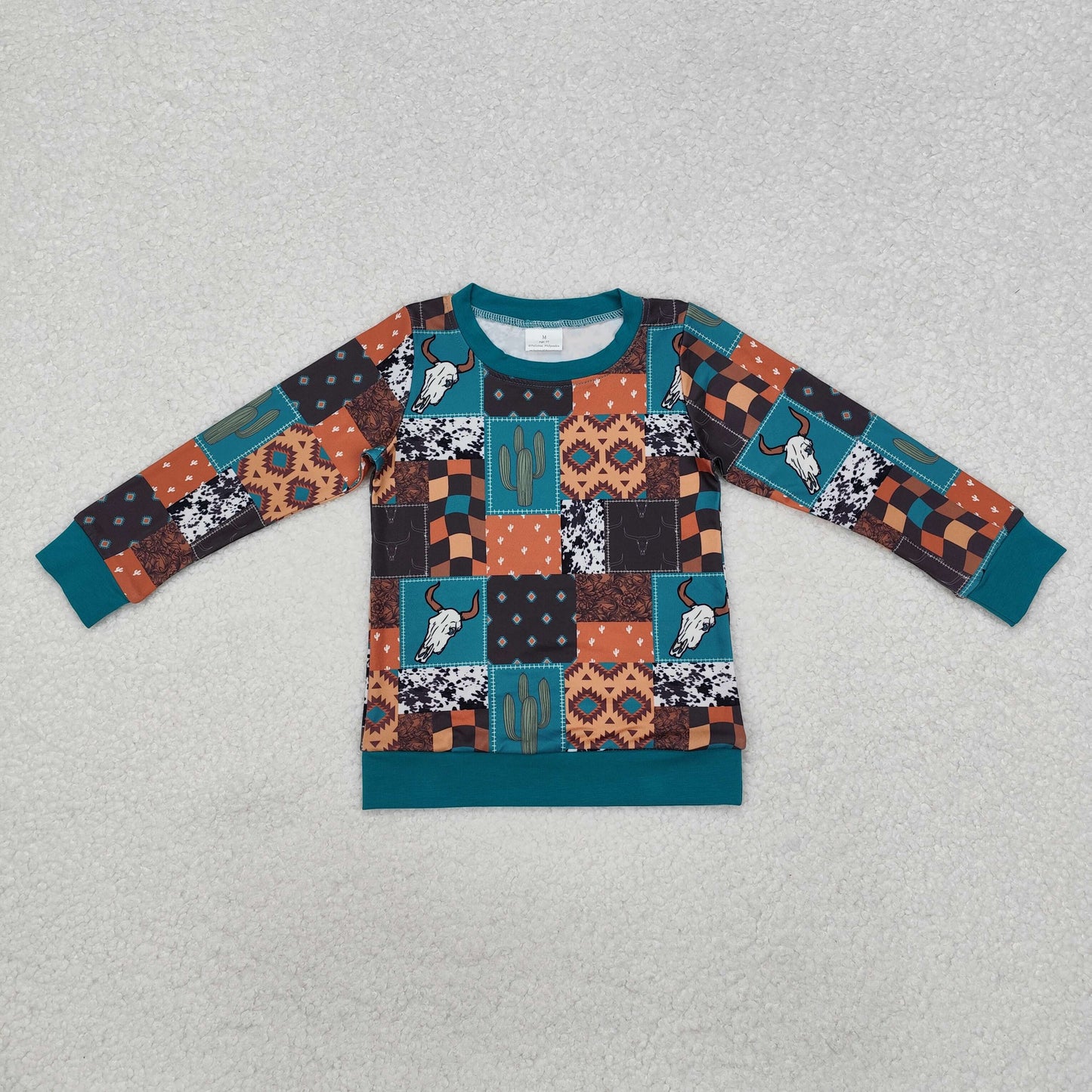 BT1060 Alpine Bull Head Geometric Cactus Plaid Long Sleeve Top