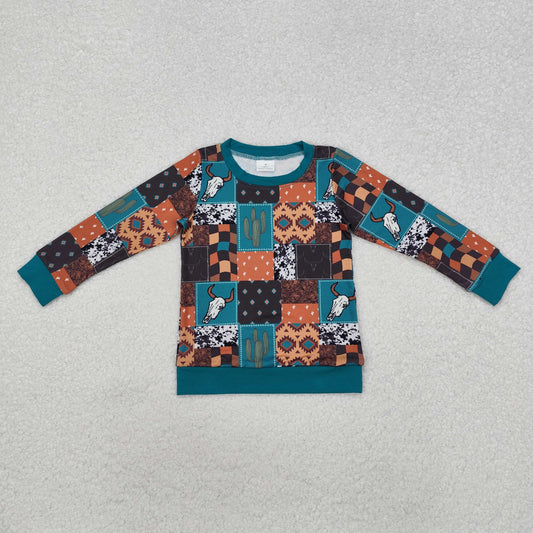 BT1060 Alpine Bull Head Geometric Cactus Plaid Long Sleeve Top
