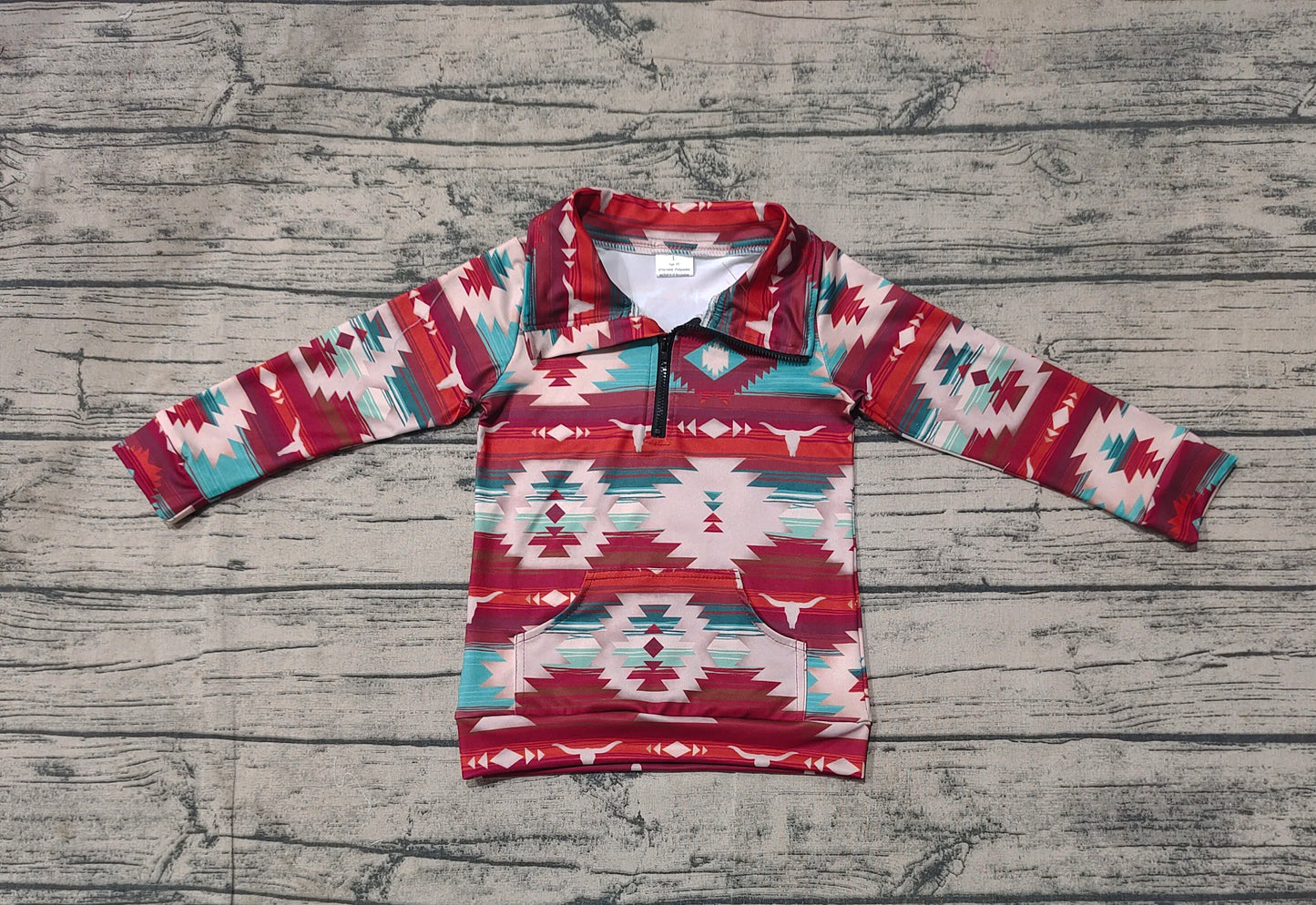 BT1065 Alpine Bull Head Geometric Orange Brown Zipper Long Sleeve Top D 820