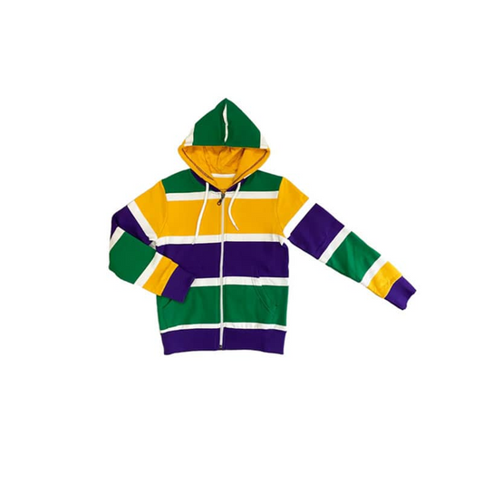 presale BT1068 Mardi Gras Yellow Green Purple Striped Zip-Up Hooded Long Sleeve Top  2024 10.21