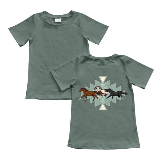 presale BT1110  Grey-green short-sleeved top with geometric horse pattern  2024  11.26