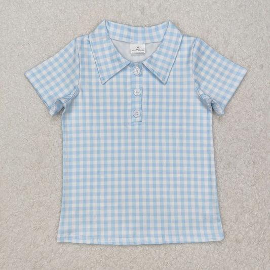 BT1125 Blue Plaid Button Short Sleeve Top