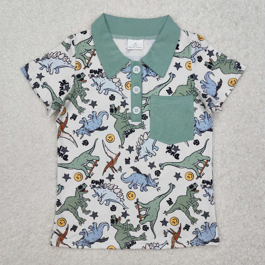 BT1133 Baby Boys Green Dinosaurs Pocket Buttons Shirts