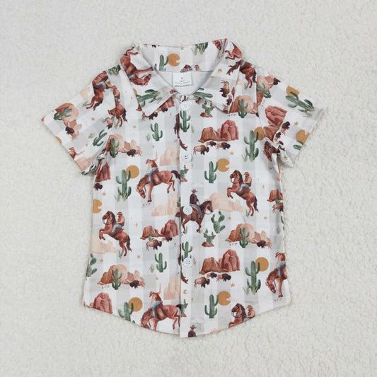BT1155 Horseback Cactus Green Plaid Button Short Sleeve Top